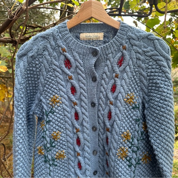 Blue Cable Knit Embroidered Cardigan Sweater - Picture 3 of 11